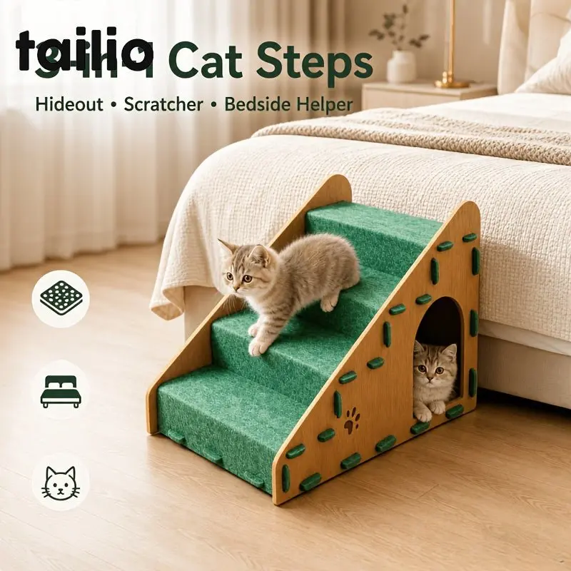 3-in-1 Kattentrap met Kattenhuis en Krabpaal | Antislip Kattenstapjes voor Bed & Bank