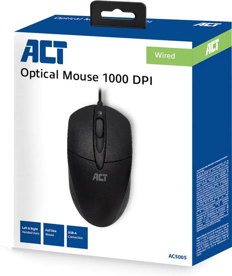 ACT AC5005 Optische Muis Bekabeld USB 1000 dpi Links- en Rechtshandig Zwart