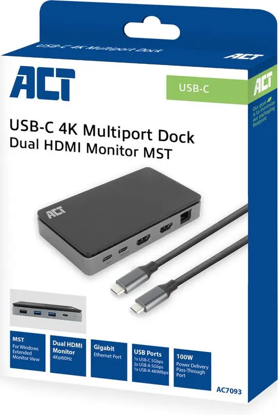 ACT ac7093 USB-C 4K MST dockingstation voor 2 HDMI-monitoren, Ethernet, USB-C, 3x USB-A, PD passthrough en 1 meter lange afneembare USB-C-kabe