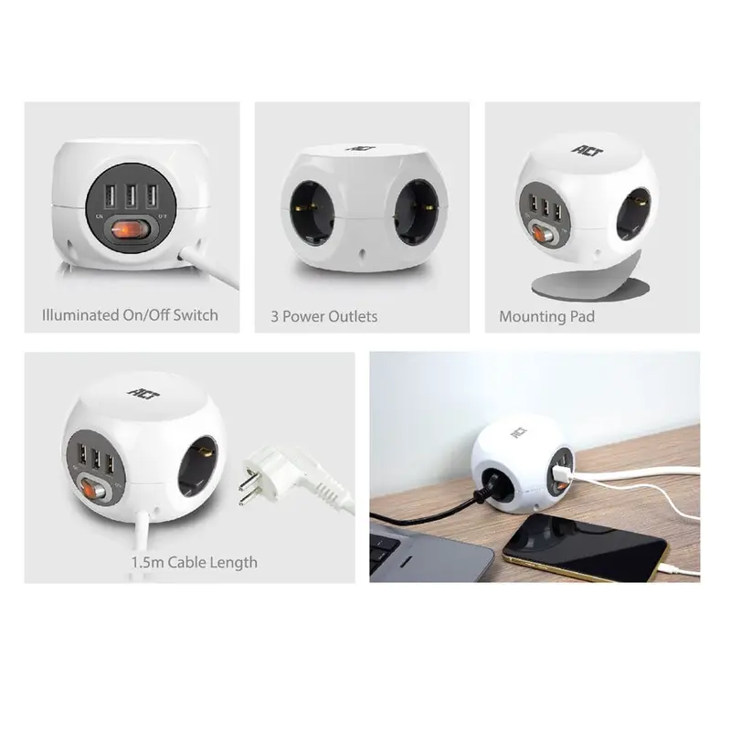 ACT Vierkante stekkerdoos (PDU) met 3 sockets type F 1,5m