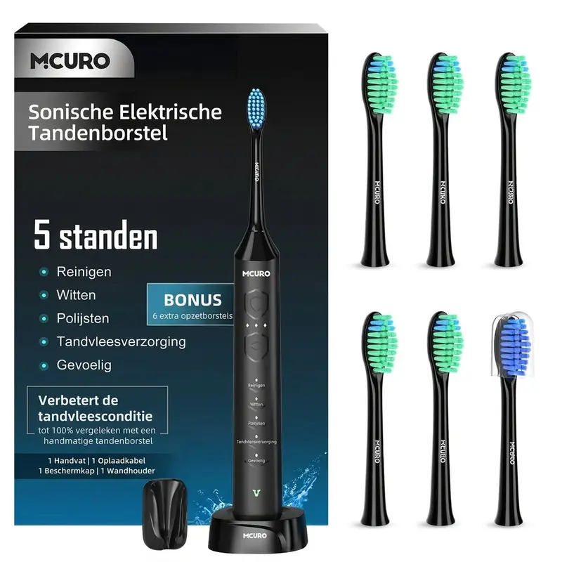 Elektrische Sonische Tandenborstel voor Volwassenen – 5 Poetsstanden met 6 Opzetborstels