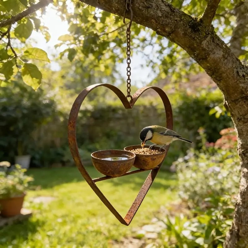 Hartvormige Voerbak voor Vogels | Vintage Metalen Dubbele Voer- en Waterbak voor Buiten