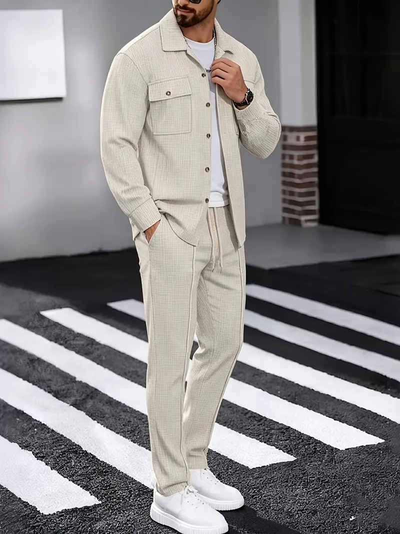 Heren 2-Delige Set – Wafelstructuur Shirt met Lange Mouwen en Broek