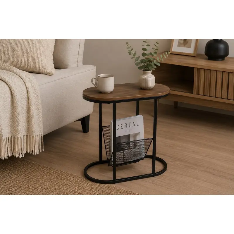 Industriële Bijzettafel met Tijdschriftenrek – Zwart en Houtlook 50 × 27 × 54,5 cm