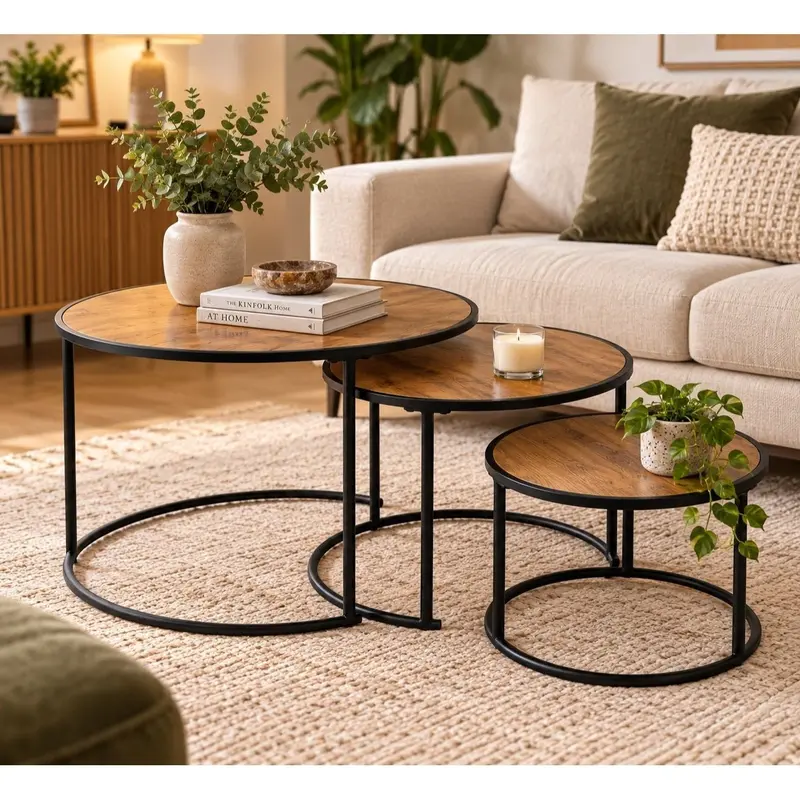 JOYA Salontafel Set van 3 – Ronde Bijzettafels in Houtlook van 30, 40 en 50 cm