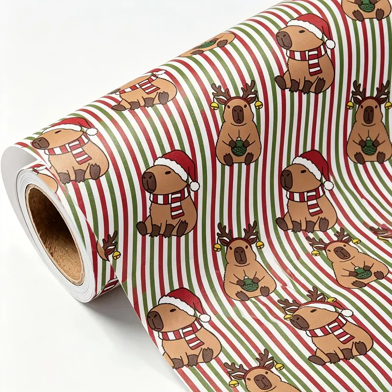 Kerst Inpakpapier – Gestreept met Vrolijke Dierenprint