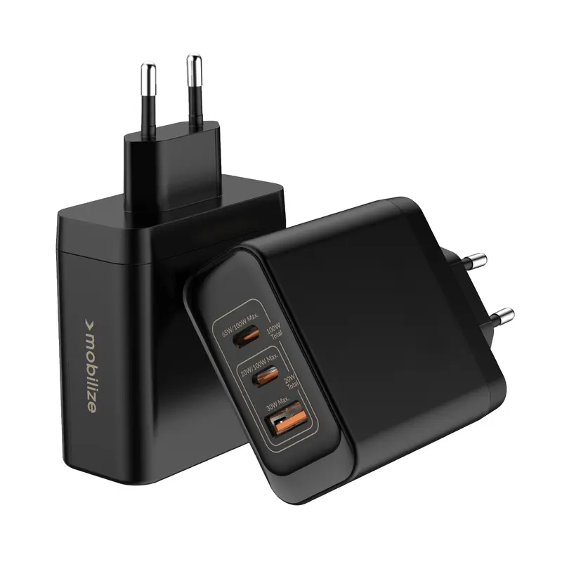 Mobilize Wall Charger 2x USB-C + 1x USB GaN 100W with PD/PPS Black