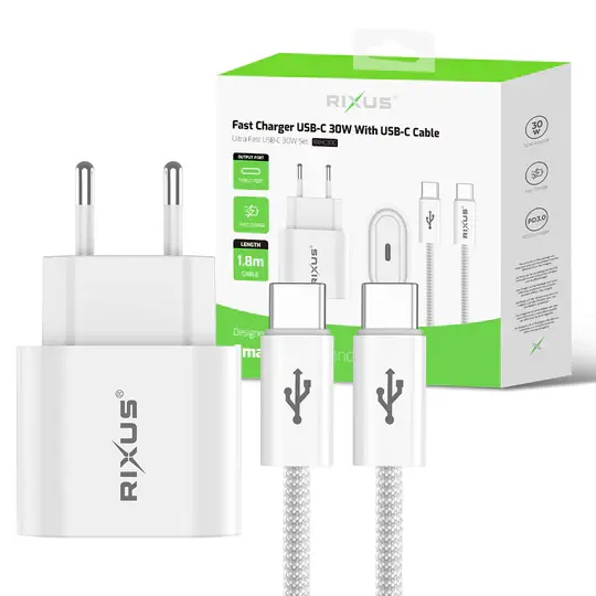 Rixus RXHC30C Fast Charger USB-C To USB-C Cable 1.8m 30W White