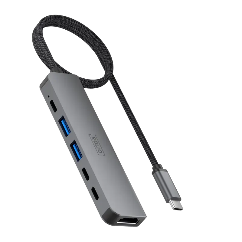 Rolio USB C Hub 35CM kabel - 6 in 1 - HDMI - 3x USB-C - 2x USB-A