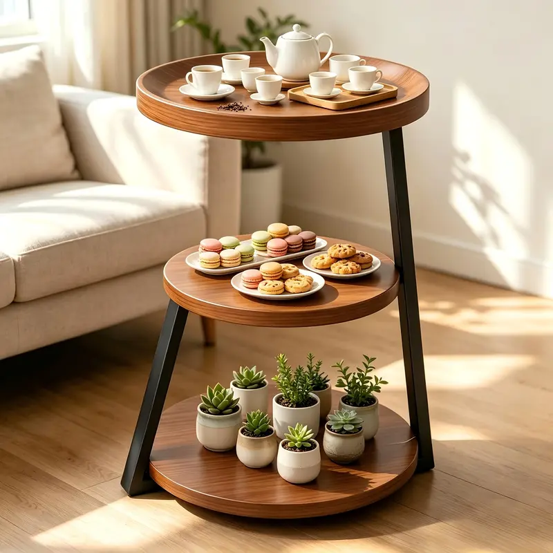 SAEIV Ronde Bijzettafel met 3 Opbergniveaus – Houten Nachtkastje met Metalen Frame